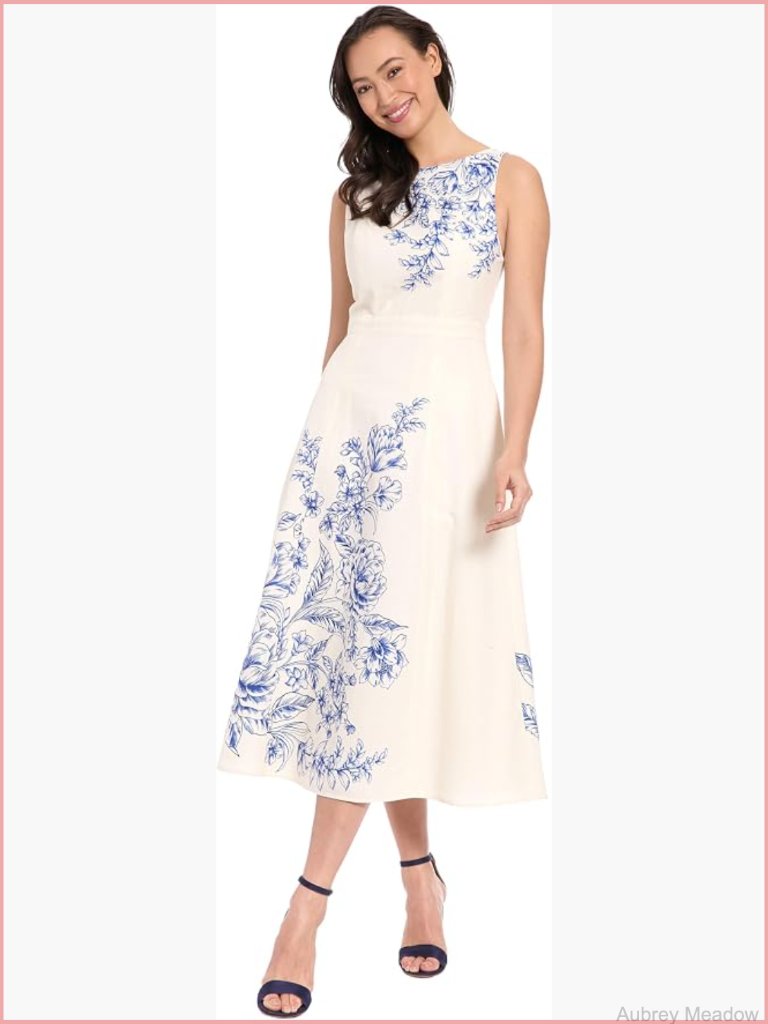 Sleeveless Fit & Flare Midi Dress Linen Rayon Blended Fabric